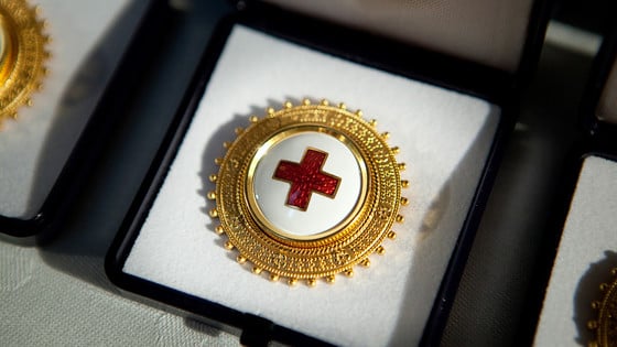 En sjuksköterskebrosch med Röda Korsets symbol ligger i en ask